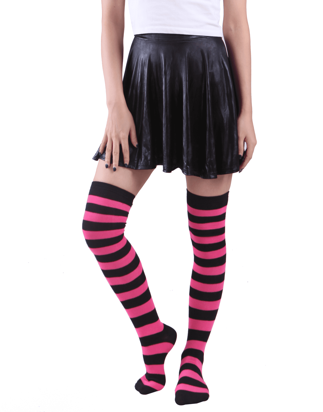 Women's Extra Long Striped Socks Over Knee High Opaque Stockings (Black