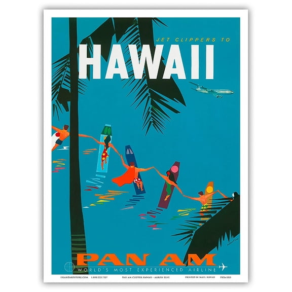 Jet Clippers to Hawaii - Hawaiian Surfers Linking Hands - Pan American World Airways - Vintage Airline Travel Poster by Aaron Fine c.1959 - Master Art Print (Unframed) 9in x 12in