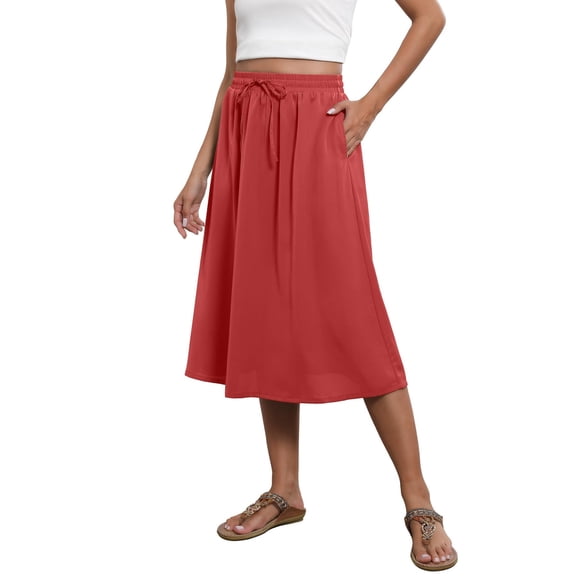 Karight Womens Drawstring Waist Midi Skirt with Pockets Lightweight Flowy A-Line Skirt for Summer, Beach, Casual, and Vacation Wear