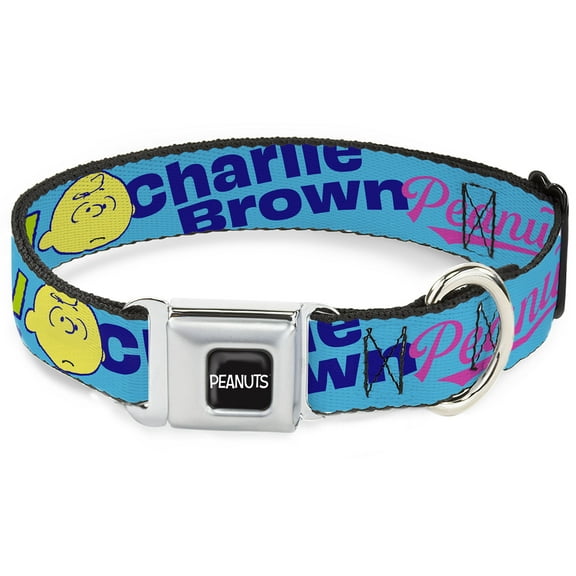 Peanuts Worldwide LLC Pet Collar, Dog Collar Metal Seatbelt Buckle, Charlie Brown Snoopy and Woodstock Typography Collage Blue, 9.5 to 13 Inches 1.0 Inch Wide