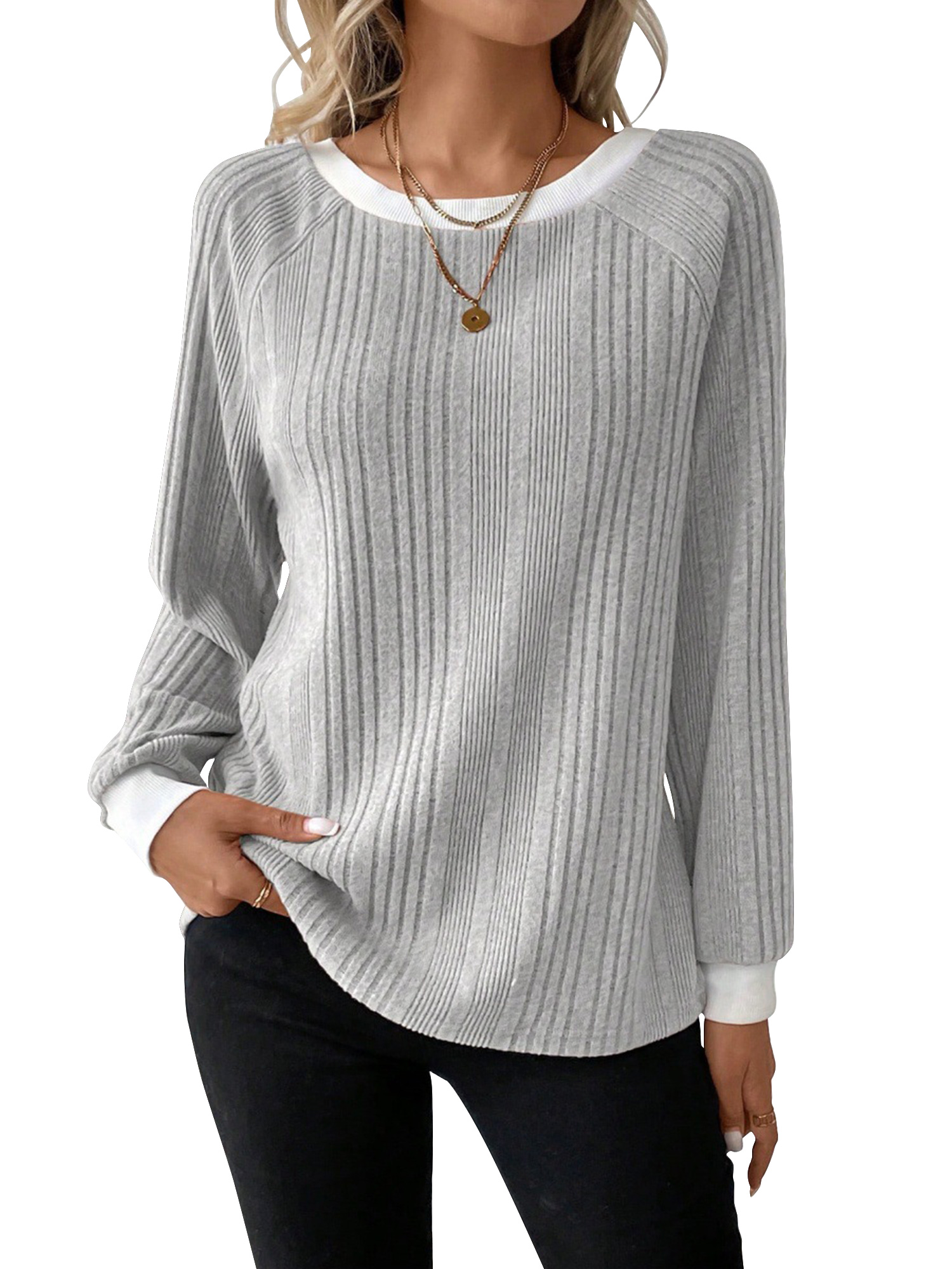 SHIBEVER Long Sleeve Shirts for Women Fall Tops Lightweight Clothing Trendy Winter Clothes Tunic Crew Neck Grey L
