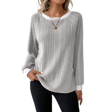 SHIBEVER Long Sleeve Shirts for Women Fall Tops Lightweight Clothing Trendy Winter Clothes Tunic Crew Neck Grey L