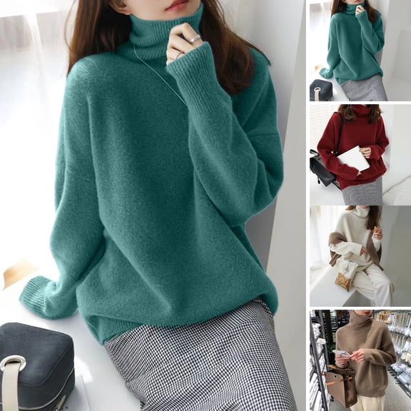 Joernso Women Sweater High Collar Long Sleeve Solid Color Knitting Tops Loose Fit Thickened Pullover Sweater Knitwear