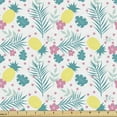thumbnail image 1 of Tropical Fabric by the Yard Upholstery, Pineapples Hawaiian Flowers Areca Palm and Monstera Leaves Graphic, Decorative Fabric for DIY and Home Accents, Petrol Blue Yellow Pink by Ambesonne, 1 of 5