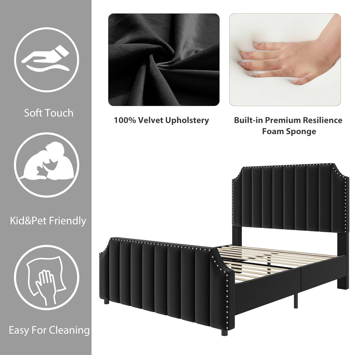 Garvee Queen Size Platform Bed Frame, Velvet Upholstered with 50.2" Channel Tufted Headboard, Nailhead Trim, Sturdy Wood Slats, No Box Spring Needed, Black
