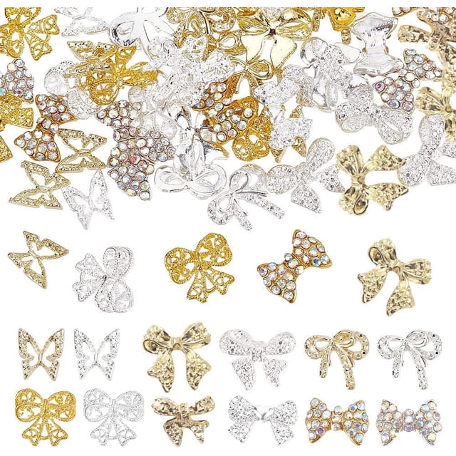 72 piezas de 12 estilos de lazos para decoración de uñas, mariposas 3D, aleación de diamantes de imitación, adornos para uñas con lazo