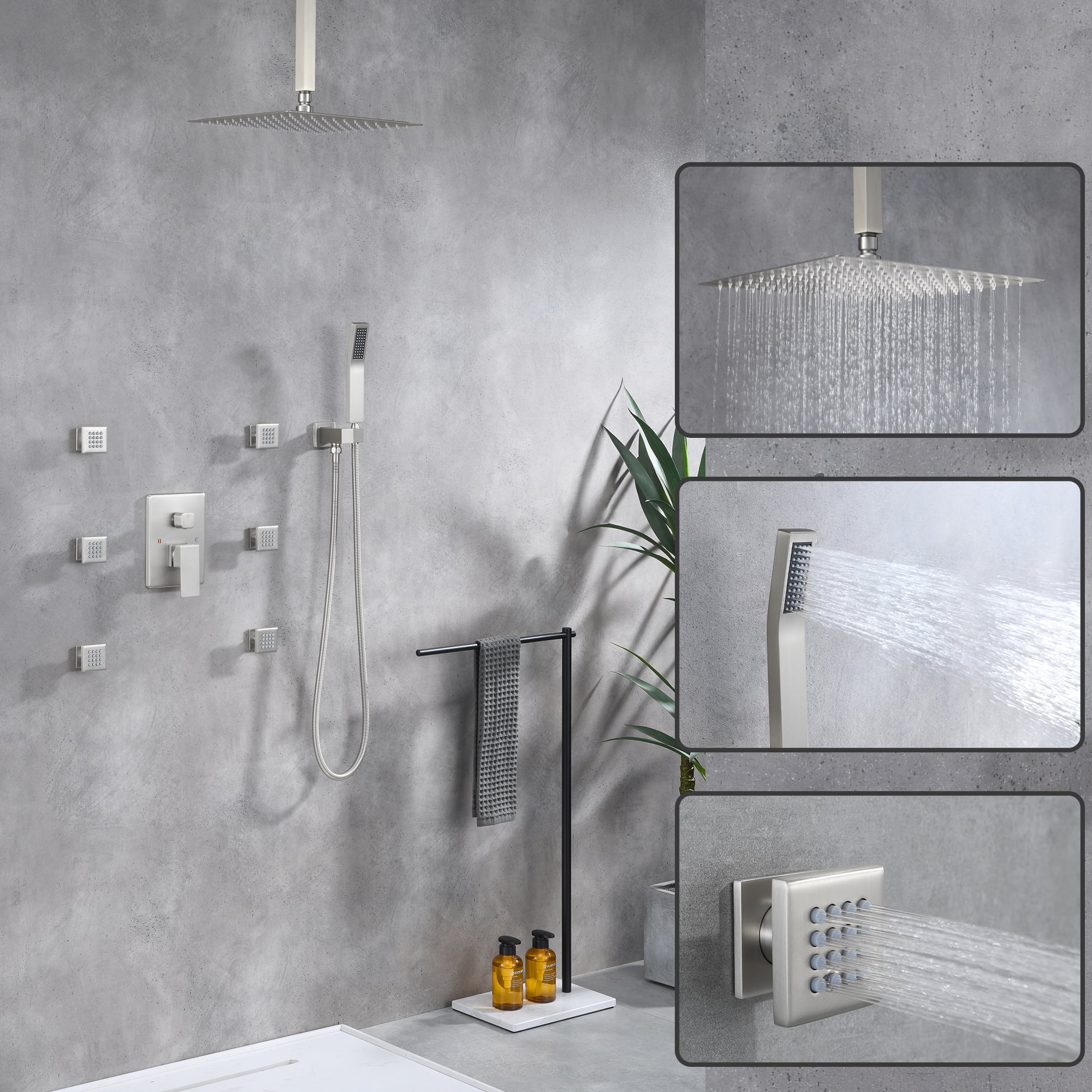 Full Body Shower System with Body Shower Spray Jets, 12'' Ceiling Shower Head System with Jets & Hand Shower, Brushed Nickel Rain Shower System Faucet Set with Jets & Valve