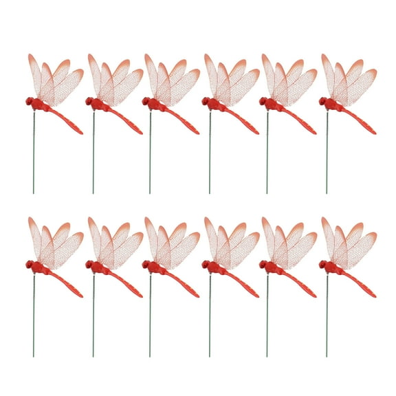 12 Pieces 3D Dragonfly Garden Decor, Dragon Fly Garden Stakes Dragonflies, Garden Ornaments Patio Decoration Dragonfly Stakes with Sticks, Red, 3.3x2.16x9.8"