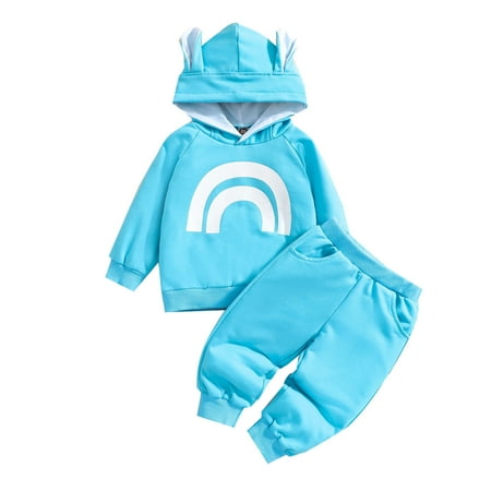 

Kids Boys Girls Casual Long Sleeve Cute Cartoon Rainbow Printed Hooded Sweatshirts Pants 2pcs Set Outfit