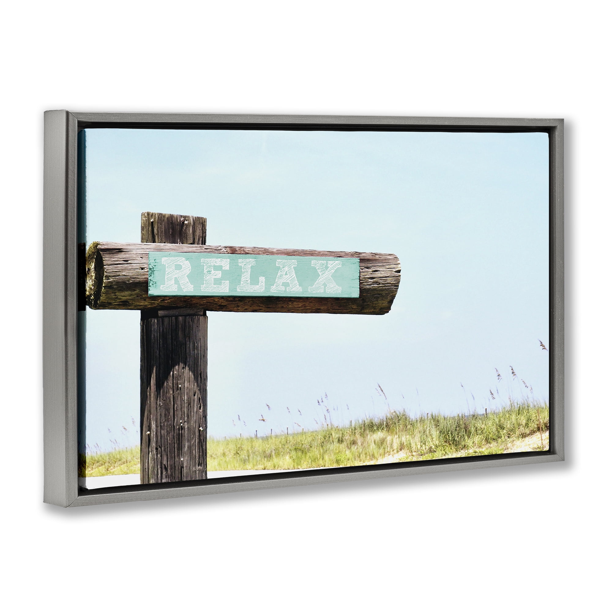 Stupell Industries Relax Sign on Beach Landscape Photography Gray Floater Framed Canvas Art Print Wall Art, 25 x 17
