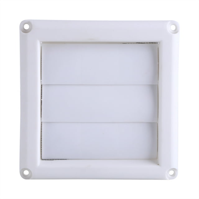 cubierta de rejilla de ventilación de plástico, rejilla de ventilación para conducto de pared, 15 x 15 cm, 3 solapas, con red — vista frontal centrada de rejilla cuadrada blanca con marco plástico y cuatro orificios de montaje en las esquinas. Tres solapas horizontales interiores y malla perimetral visibles; diseñada para cubrir conductos de pared o techo y mantener la ventilación interior-exterior. También es adecuada para ventilación de pequeños equipos domésticos.