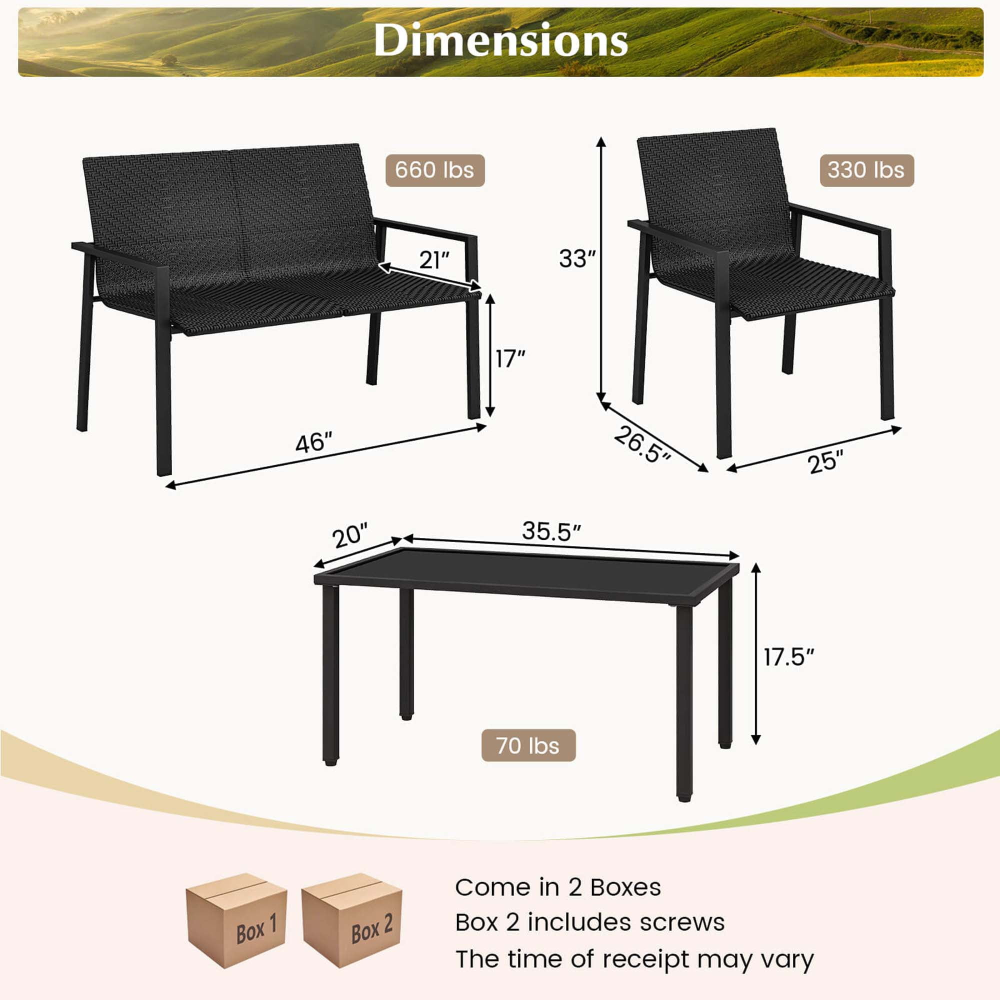 Costway 4 PCS Outdoor Wicker Patio Furniture Set w/ Heavy-Duty Galvanized Metal Frame Black