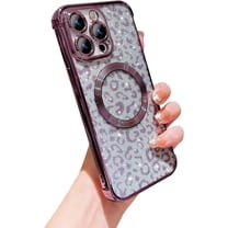 for iPhone 15 ProMax Case Compatible with MagSafe, Leopard Glitter Magnetic 15 Pro Max Case for Women Luxury Plating Clear Camera Lens Cover Shockproof Soft Silicone Bumper 6.7 "(Deep Purple)