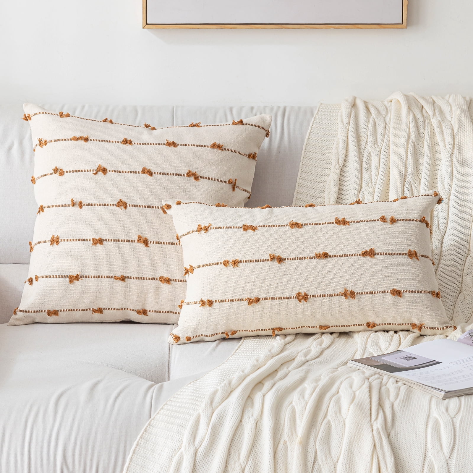 Skodaer Boho Throw Pillow Covers 12"x20" Set of 2 Modern Farmhouse Decorative Cushion Case Tufted Square Pillows Cover Neutral Pillow Cases Accent Pillowcase for Sofa, Couch, Bed,Brown
