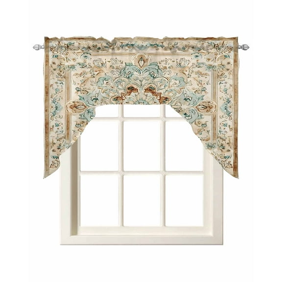Sage Green Orange Floral Kitchen Swag Valances for Windows, Boho Vintage Botanical Ethnic Swag Valances Curtains for Living Room, Rod Pocket Window Treatments for Bathroom, Bedroom, Cafe, 56"x36"