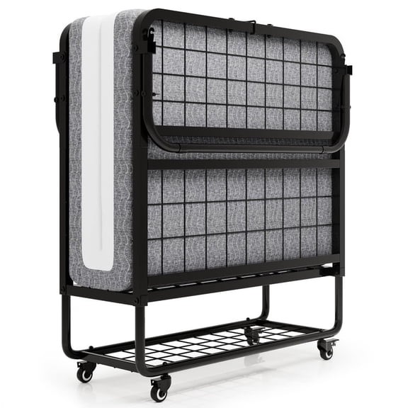 Feonase Folding Bed with Mattress, Roll Away Beds for Adults, Portable Foldable Bed, 76" x 38" Fold up Bed with Metal Frame on Wheels, Space Saving