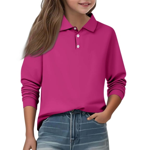 Resicozy Grils Polo Shirt Casual Long Sleeves Cotton Collared Button Down Shirts Fashion Solid Color Tops 3-14 Years Purple Pink 120