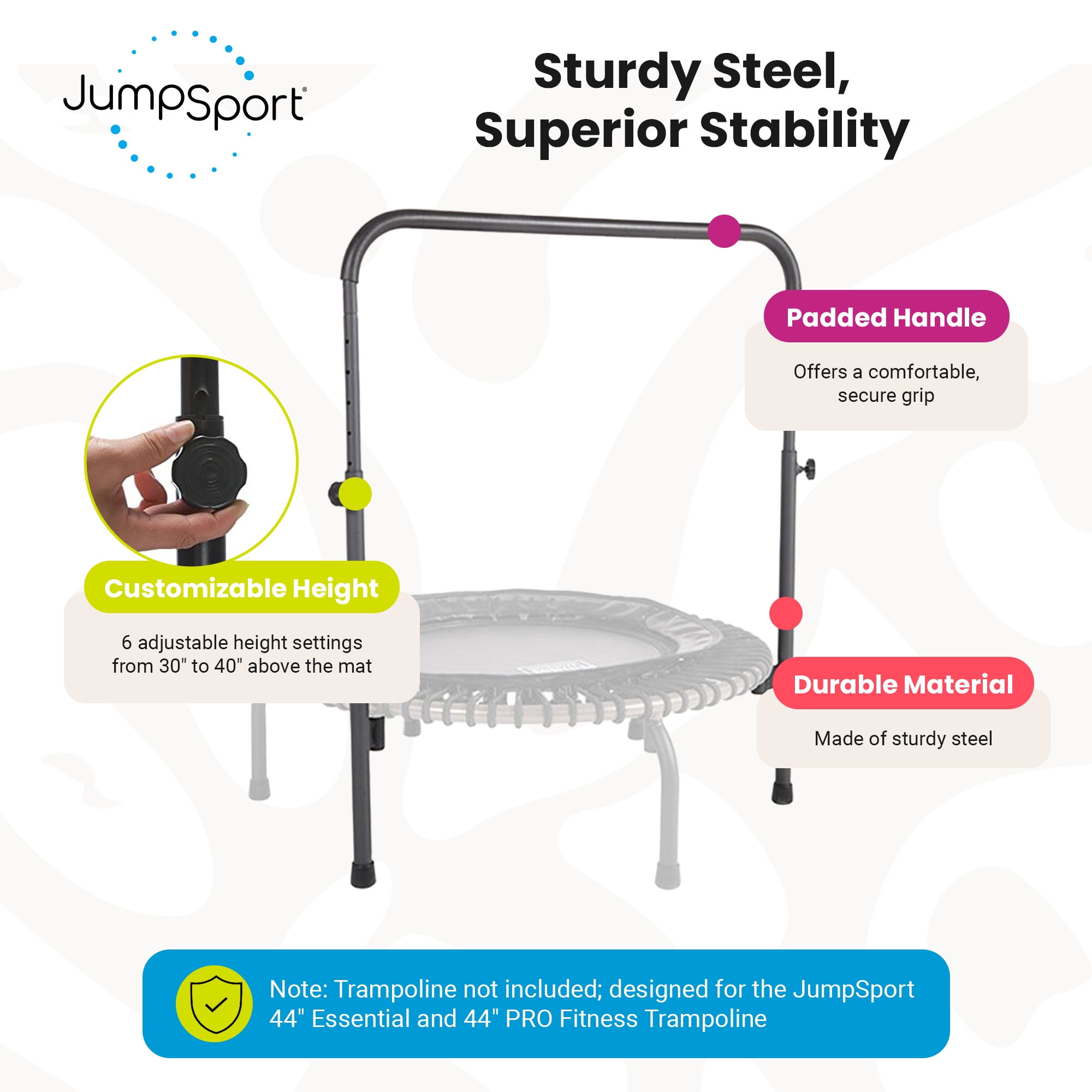 JumpSport Arched Leg Fitness Trampolines with Handle Bar Accessory, 44"