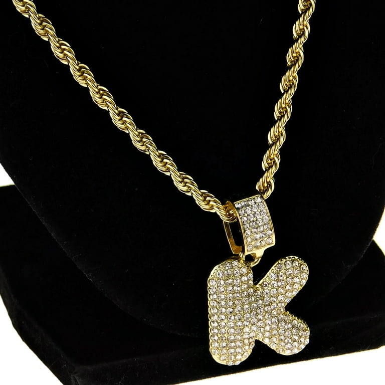 Bubble Letter K Block Initial 24 Rope Chain Bling Pendant Gold Finish  Monogram Name Hip Hop Necklace 