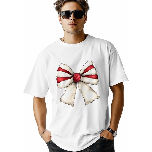 Men T-Shirt,Soft Crewneck Tee Shirt Christmas Red White Bows Short Sleeve Casual T Shirts