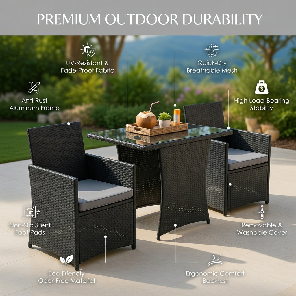 Hommoo 3-Piece Weather-Resistant PE Rattan Patio Furniture Set, Steel Frame, Tempered Glass Table & Ergonomic Armchairs with Removable Cushions, Gray