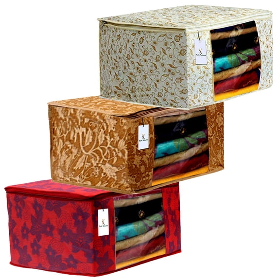 Kuber Industries Metalic Printed 3 Piece Non Woven Fabric Saree Cover