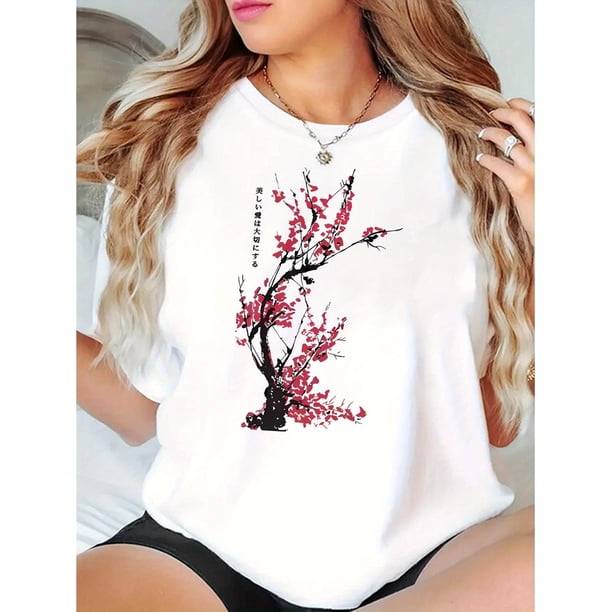 Camiseta informal de manga corta y cuello redondo para mujer con estampado de árbol de hojas rojas, estampado geométrico moderno, tejido de algodón, cómoda para todas las estaciones, ideal para el tie