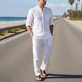 thumbnail image 6 of Ohufall Cotton Linen Sets for Men Solid Color Button Long Sleeve Pockets Vacation Casual Shirts with Pants Outdoor Sets, 6 of 7