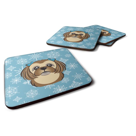 Carolines Treasures BB1683FC Snowflake Chocolate Brown Shih Tzu Foam Coaster Set of 4 3 1/2 x 3 1/2 multicolor