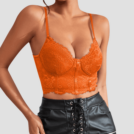 Fulorrnie Bras for Women Lift Wirefree Supportive Comfort Balconette Lace Stretchable Spaghetti Straps Bra Orange M