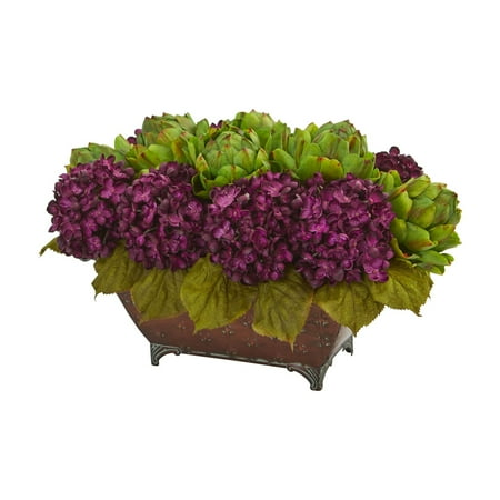 Natural Metal - Nearly Natural Hydrangea & Artichokes Artificial Arrangement in Metal Planter