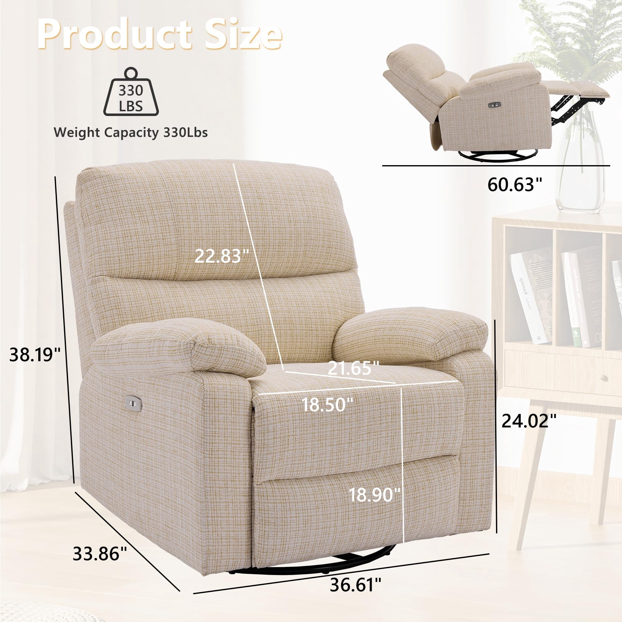 Power Recliner Chairs for Adults, Swivel Rocker Recliner Chair, Adjustable Electric Recliner with USB Port, Rocking Chair Nursery, Small Recliner for Living Room, Beige