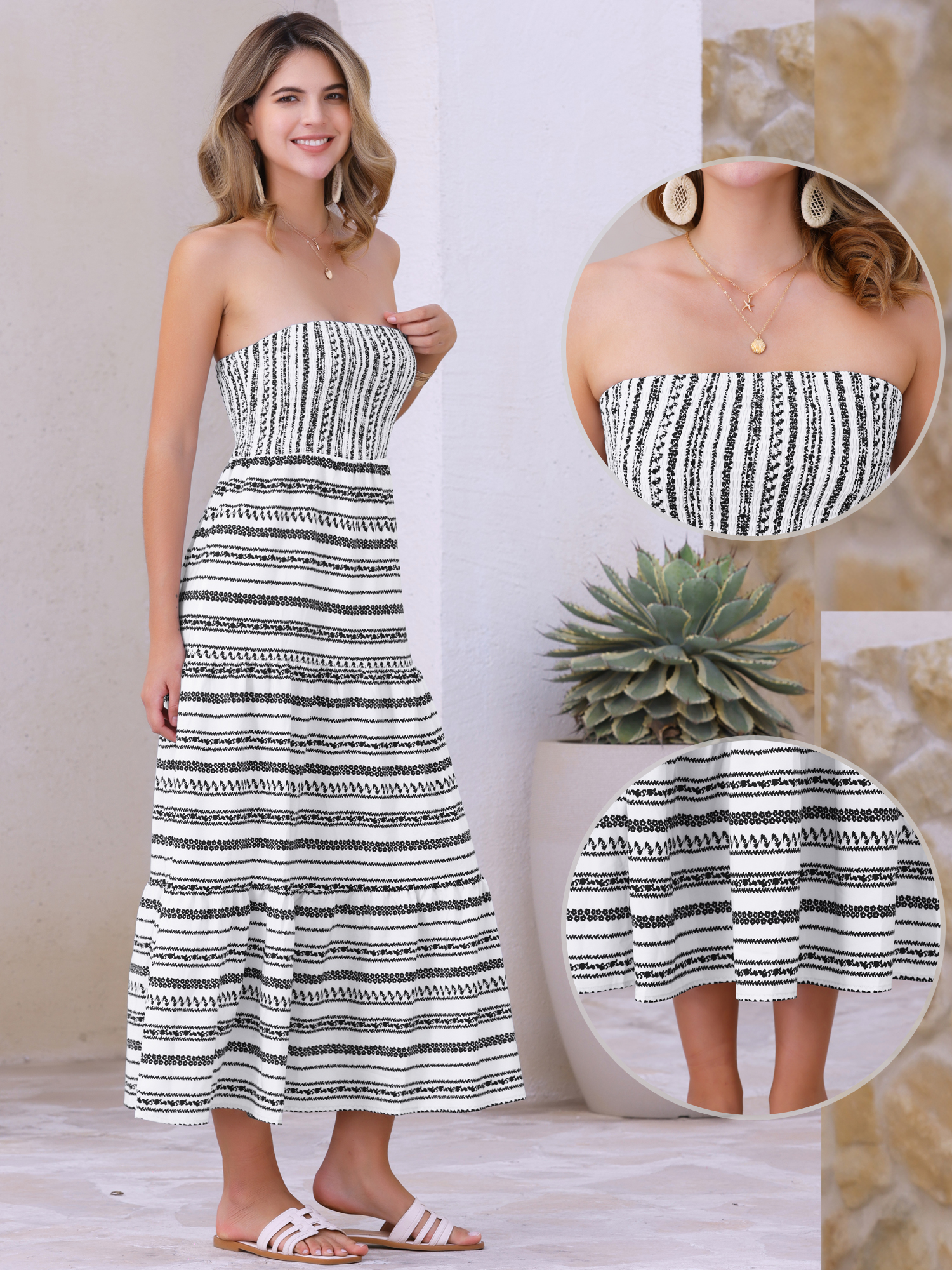 DARING DIVA Strapless Tube Bandeau Striped Maxi Dress XS White