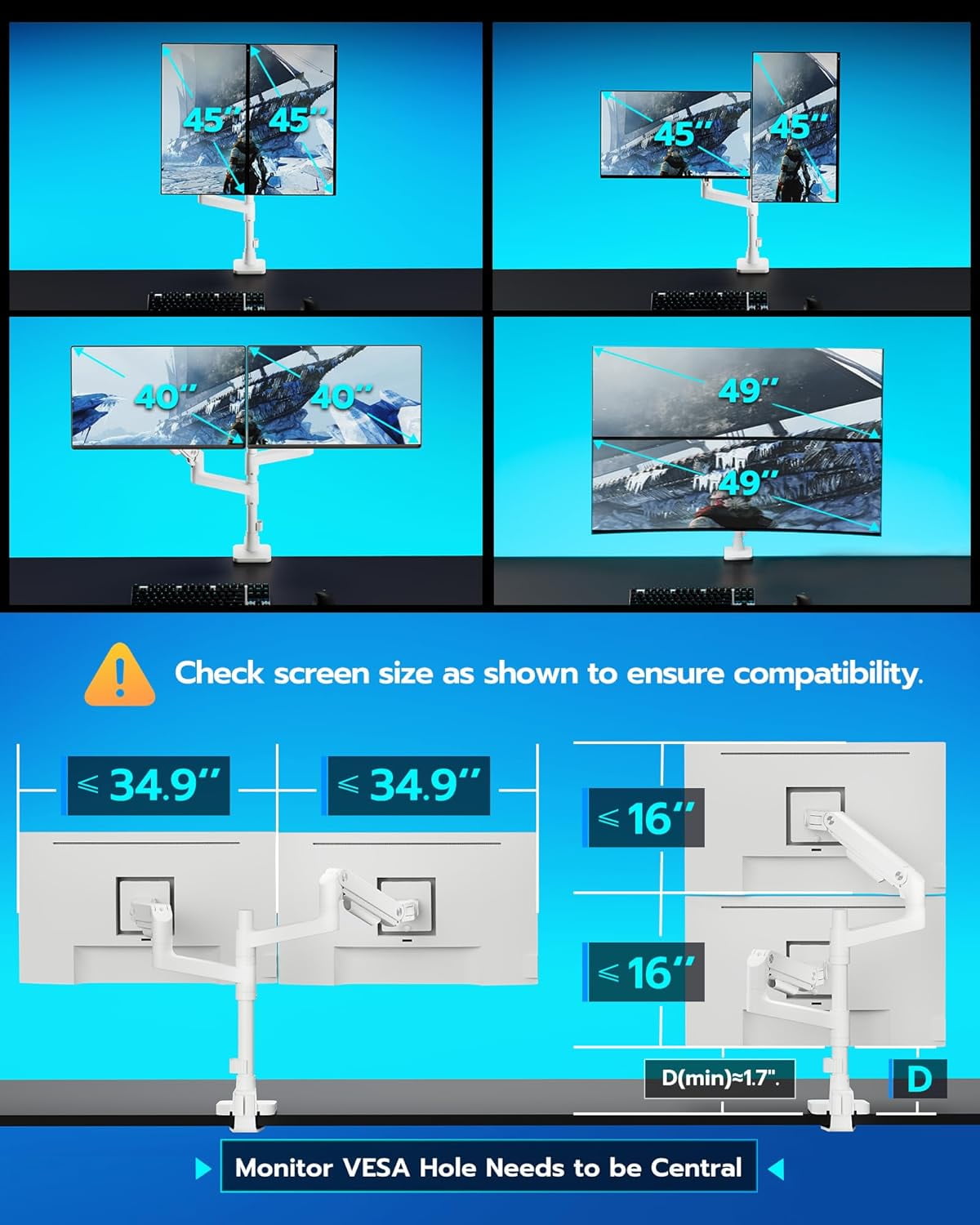 ARES WING Dual Monitor Arm with USB for 17"-49" Ultrawide Screens, Heavy Duty Vertical Gas Spring Dual Monitor Mount for Desk, Adjustable Stacking Double Monitor Stand, VESA 75x75 100x100, White