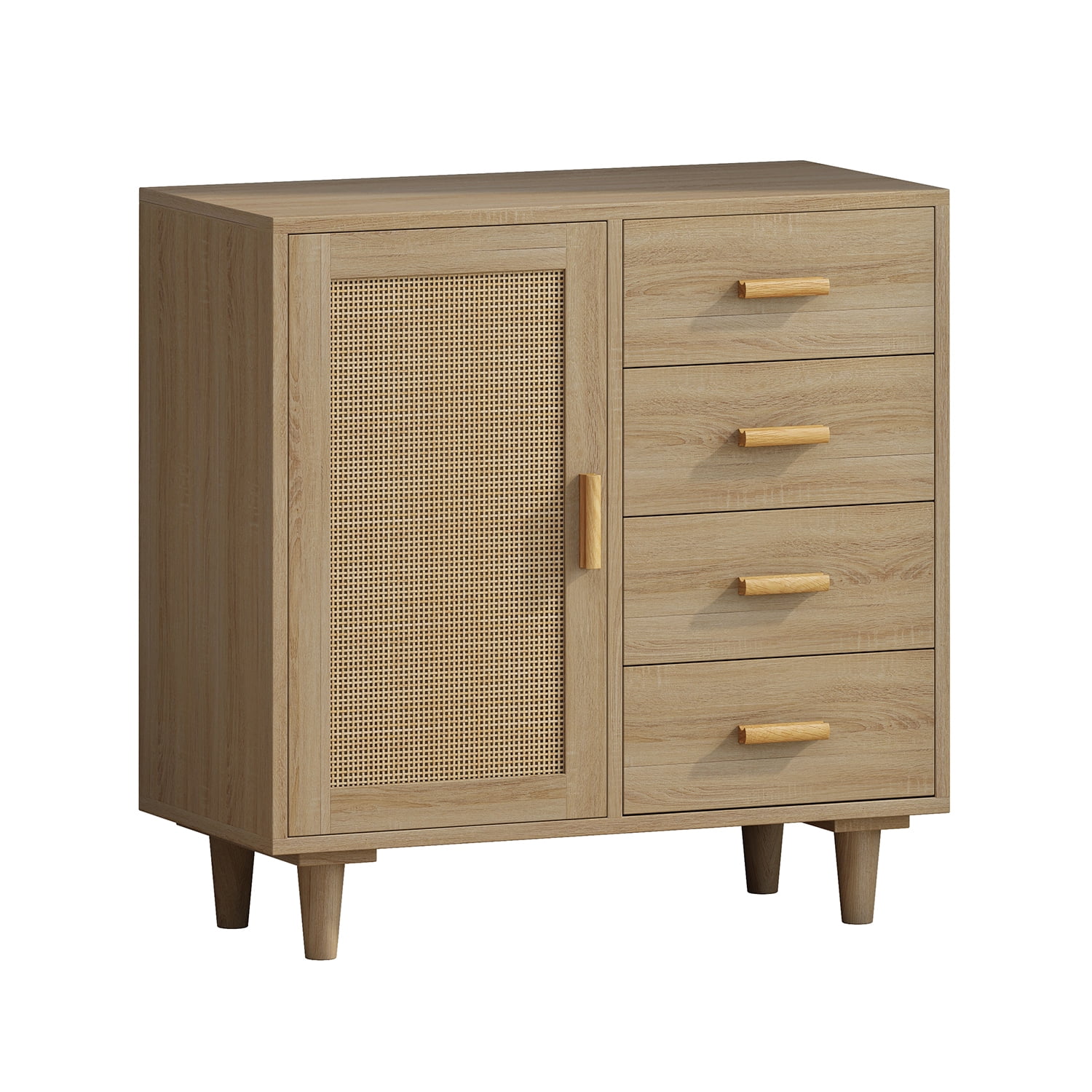 Kadyn 4 Drawers Rattan Cabinet, Modern Dresser with Rattan Door, Accent Storage Cabinet for Living Room, Natural