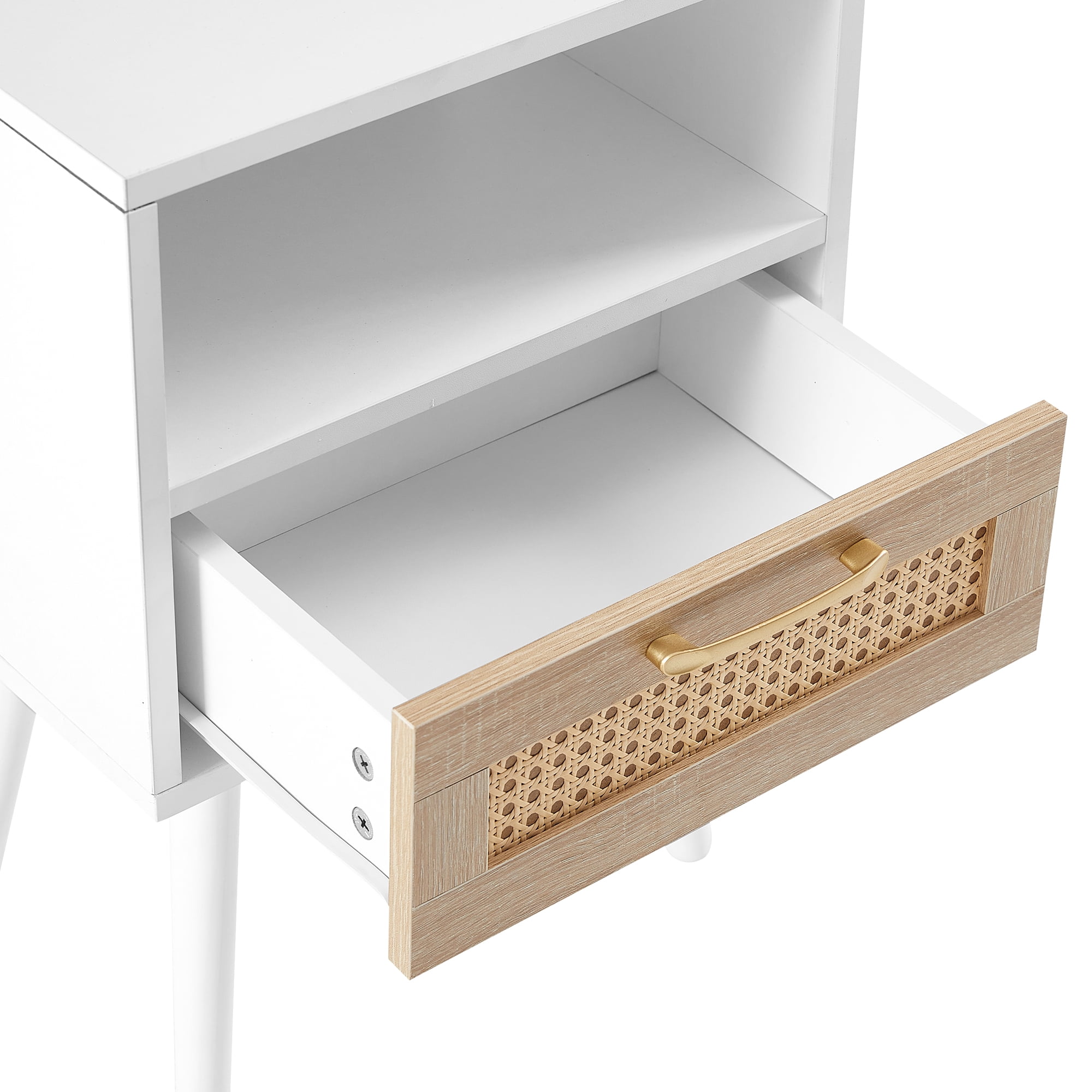 Kepooman Rattan Nightstand, 15.75" Bedside Table with Drawer and Solid Wood Legs, Wood End Table for Bedroom, White Kepooman Rattan Nightstand, 15.75" Bedside Table with Drawer and Solid Wood Legs, Wood End Table for Bedroom, White