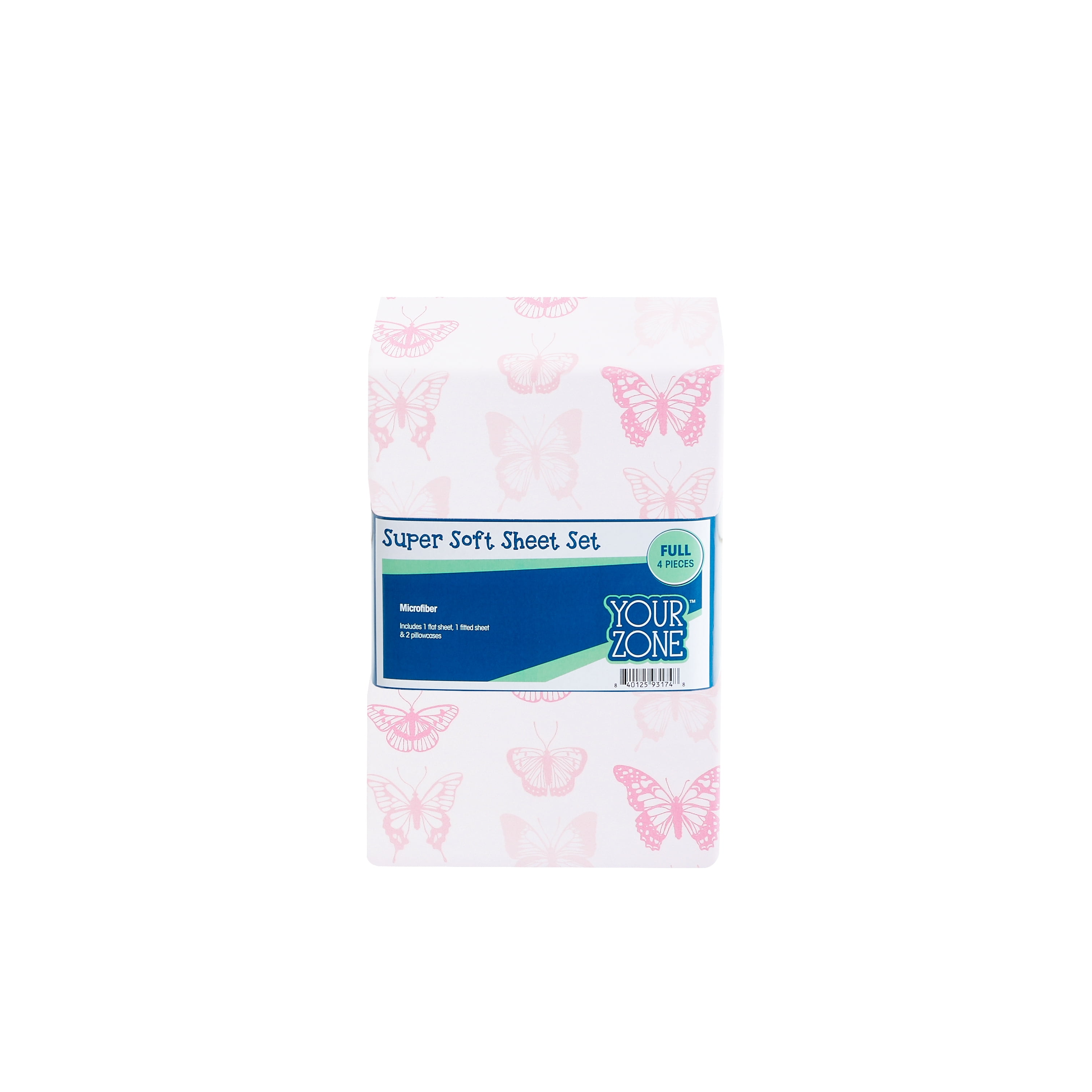 Your Zone Kids Super Soft Microfiber Sheet Set Full, Pink Butterfly, 4 Piece