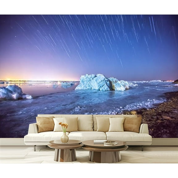 Peel and Stick Wallpaper Frozen coastline under stars Qinhuangdao City China Modern Art Wall Mural Decor Self Adhesive and Removable 69in x 98in