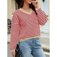 thumbnail image 2 of Women'S Long Sleeve Striped Sweater V Neck Color Block Soft Knit Pullover Trendy Jumper Tops Red & White XL, 2 of 6
