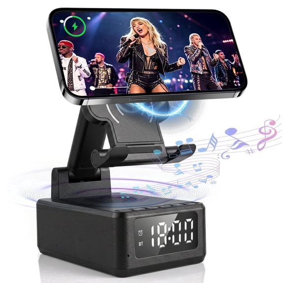 Phone Stand with Bluetooth Speaker, 5 in 1 Wireless Charger & Digital Alarm Clock, Foldable Cell Phone Holder with HD Stereo Sound for iPhone Android