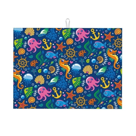 

Tebeau Sea Fish Print Dish Drying Mat for Kitchen Counter Dish Drying Pad with Non-slip Rubber Backed Hide Stain Anti Absorbent for Kitchen Counter Drying Mat