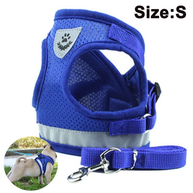 Dog Harness and Leash Set for Dogs, Soft Mesh Padded Harness for Puppies and Cats, Reflective Adjustable Breathable Chest Harness for Walking, Running, Training S Blue
