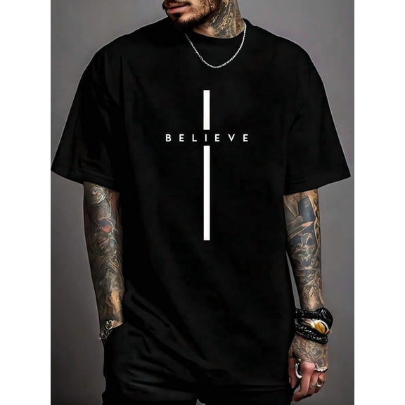 1pc Man' Cross Believe Print Black TShirt Crew Neck Casual Cotton Tee Medium Stretch Knit Fabric Regular Fit For Boys Man Perfect