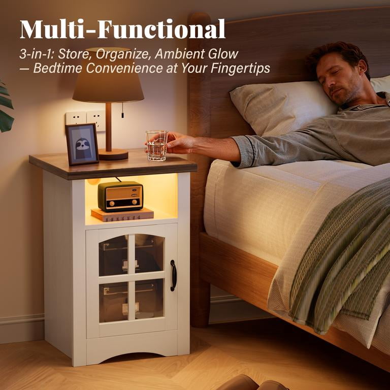 Lacoo End Table with LED Lights & Power Outlet, Side Table with Glass Door for Living Room, Nightstand with Storage for Bedroom, White