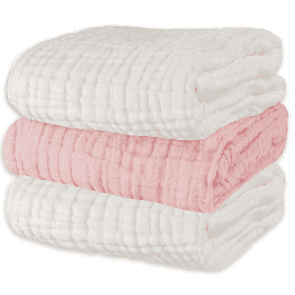 Asung Muslin Baby Bath Towel 3 Pack Soft Cotton Towels for Delicate Skin Wrap Blanket for Newborn and Toddlers Towel and Washcloth Type 40x 40inch (White & Pink)