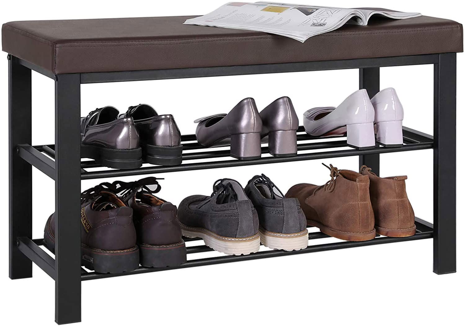 Resenkos 3-Tier Shoe Rack Bench for Entryway, Storage Organizer with Foam Padded Seat, Faux Leather, Metal Frame,Brown