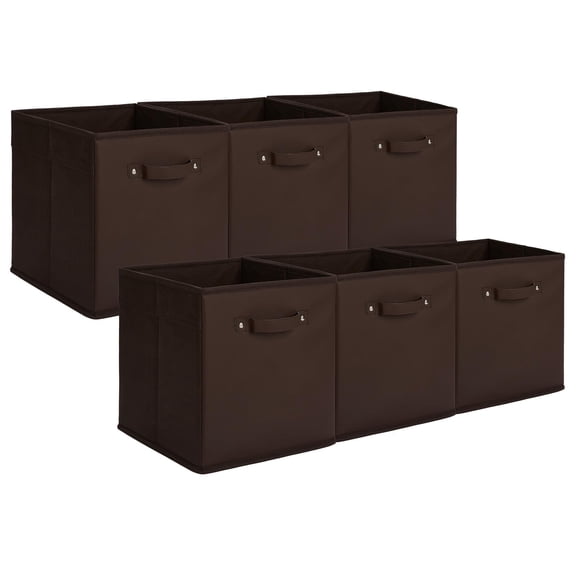 6-Pack 11 Inch Foldable Fabric Storage Bins with Faux Leather Handles, Cube Organizer Boxes for Shelves, Closet, Clothes & Toys, Brown