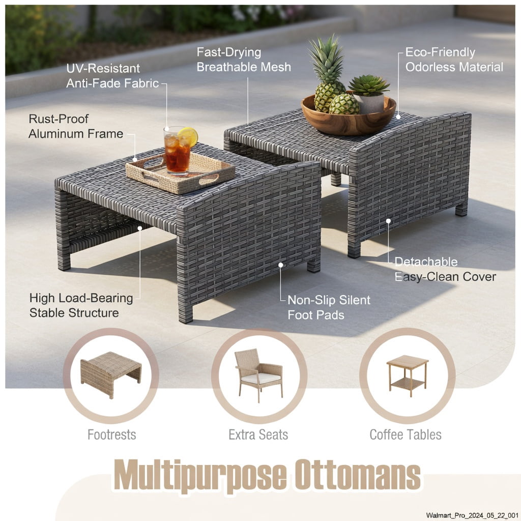 Hommoo 5-Piece Outdoor Patio Conversation Set with PE Rattan Armchairs, Ottoman Footrests & Tempered Glass Side Table, Weather-Resistant, Space-Saving, Easy-Clean Cushions, Brown