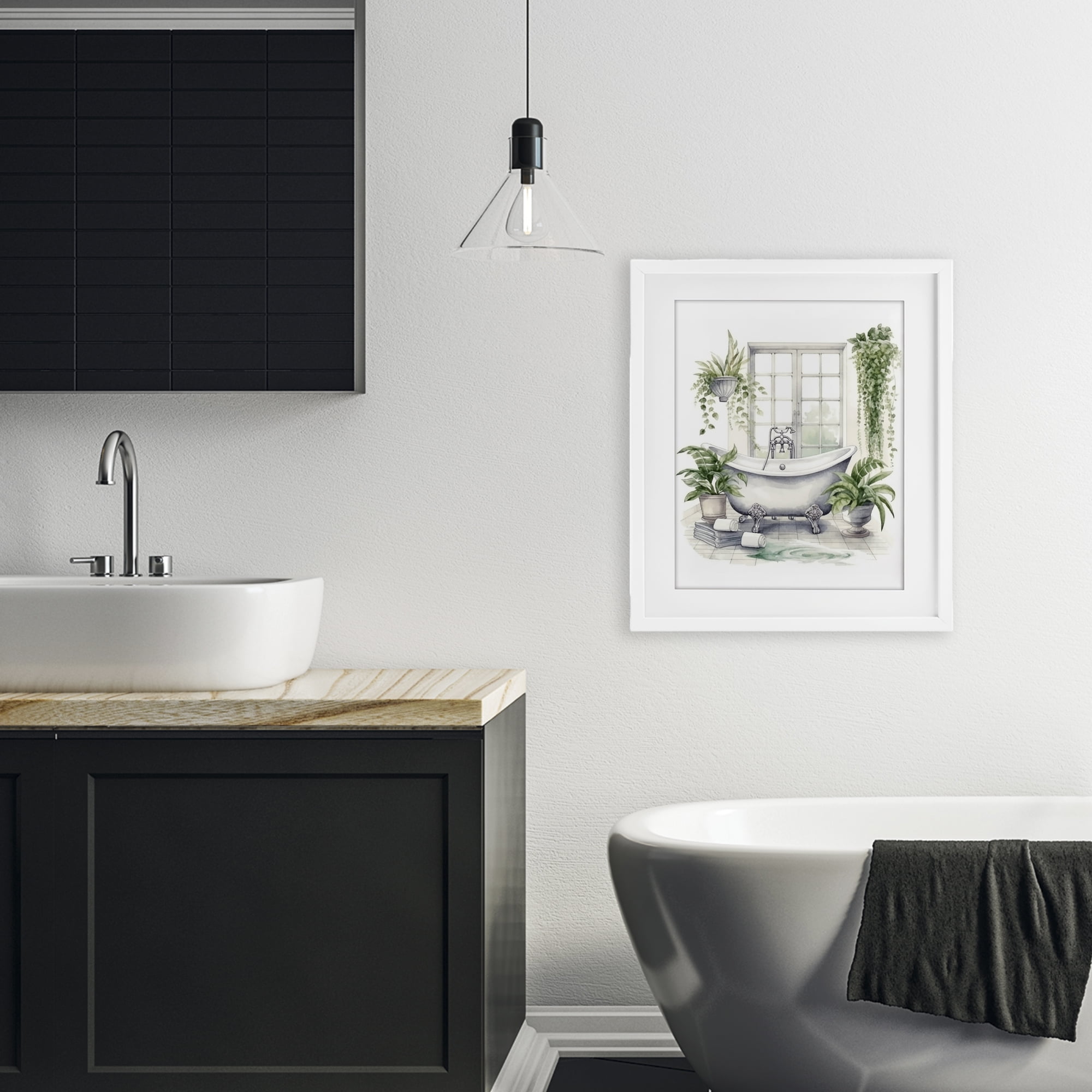 Lush Greenery Bathtub & Window White Framed Print Under Glass, design by Lettered and Lined