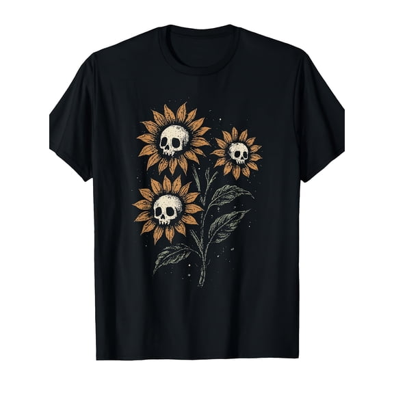 Unisex Gothic Vintage Sunflower Skull Graphic T-Shirt